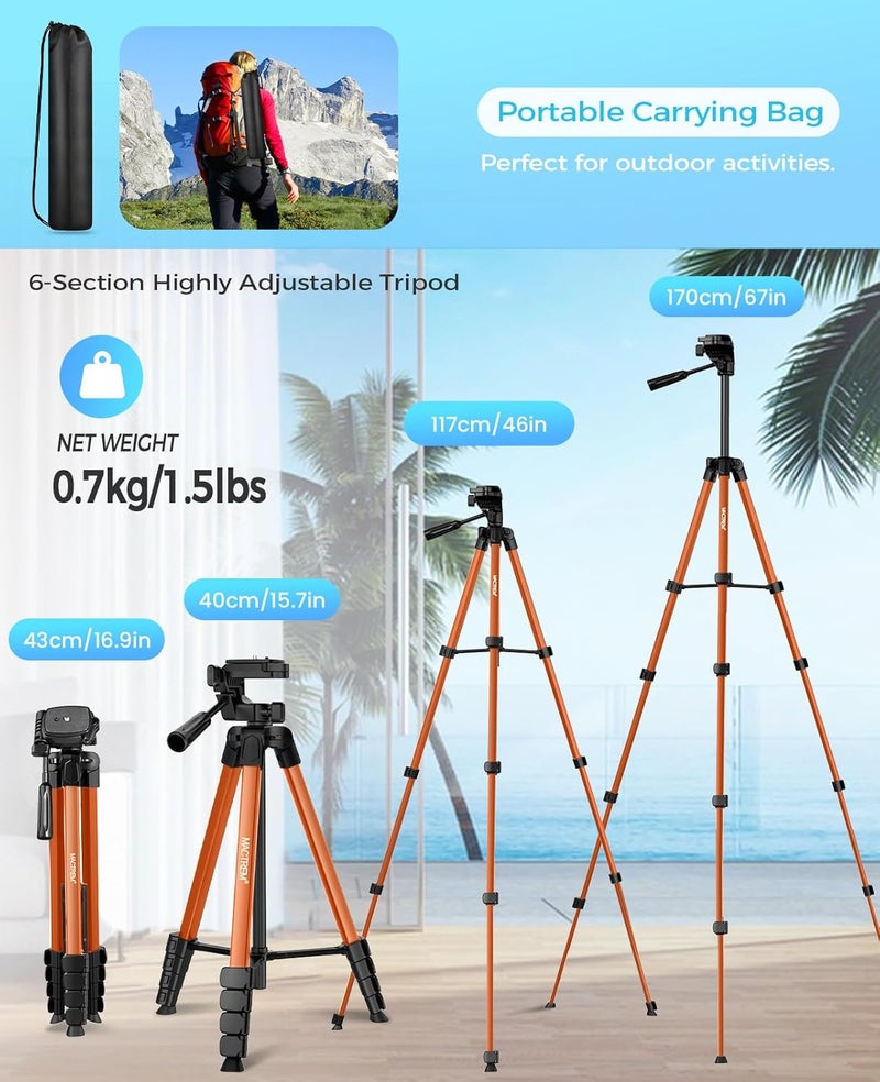 MACTREM 67" Tripod Stand for iPad Phone Tablet Camera with 2 in 1 Mount & Wireless Remote, Aluminum Extendable iPhone Tripod for Video Recording/Selfies/Live Stream/Vlogging (Orange) - Image 5